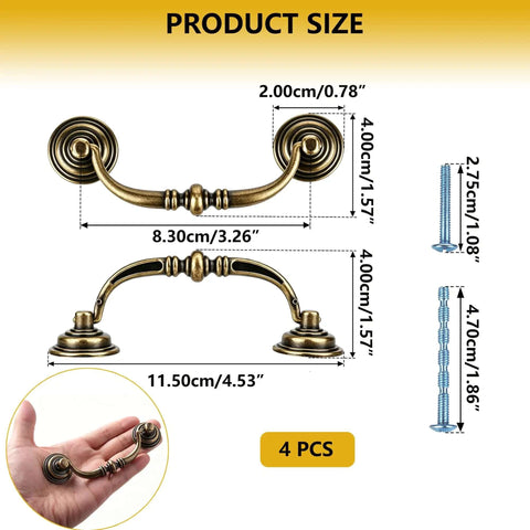 Antique Drawer Pulls 4 Pack for Dresser and Cabinet, visible size measurements, vintage bronzed finish, durable zinc alloy