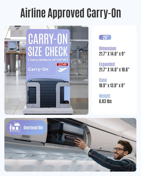 Your Go To Carry On Luggage For Airport Runs With Durable Hardside Shell, Airline Approved 22 By 14 By 9 Inches shown in size check