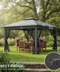 12x12 Ft Pop Up Gazebo Canopy Tent With Sandbags And Portable Carry Bag One Person Setup In About 10 Minutes Three Height Settings 98.4 In 102 In 105.6 In Dark Grey Patio Garden Shelter For Camping Outdoors with insect-proof netting in a garden setting.