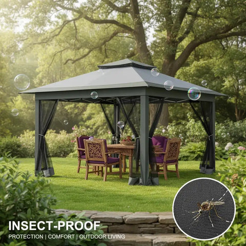 12x12 Ft Pop Up Gazebo Canopy Tent With Sandbags And Portable Carry Bag One Person Setup In About 10 Minutes Three Height Settings 98.4 In 102 In 105.6 In Dark Grey Patio Garden Shelter For Camping Outdoors with insect-proof netting in a garden setting.