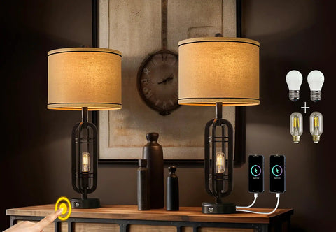 Industrial Black Table Lamps Set Of 2 With USB Ports And Outlets, on a wooden table, featuring touch control and bulbs, nightlight mode