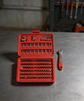 Sumsoctober 105 Piece Screwdriver Bit Set With 36-Tooth Chrome Vanadium Alloy Steel Mini Ratchet Tool Kit For All Your Heavy Duty DIY Home Repairs And Professional Mechanics gigs That Get The Job Done. red case open with bits and mini ratchet