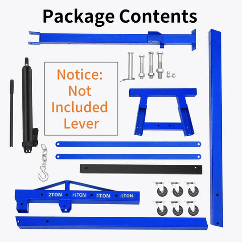 Package contents of Badass 2 Ton Hydraulic Engine Hoist With Telescopic Boom And Six Heavy Duty Swivel Casters for assembly.