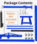 Package contents of Heavy Duty Hydraulic Engine Hoist Folding Cherry Picker with metal parts and rolling casters.