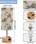 Cowboy Watercolor Decor Bedside Lamp With 3-Way Dimmable Touch Control And Built-In Charging Station, size details shown