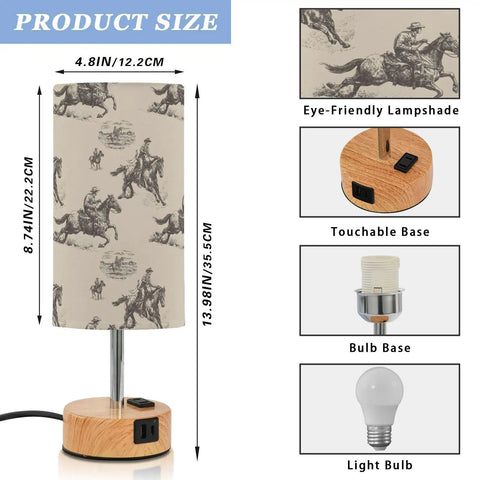 Cowboy Watercolor Decor Bedside Lamp With 3-Way Dimmable Touch Control And Built-In Charging Station, size details shown