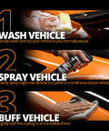 Steps to use Platinum Rapid Ceramic Paint Sealant Spray 14 Oz on a car: wash, spray sealant, and buff for gloss and shine.