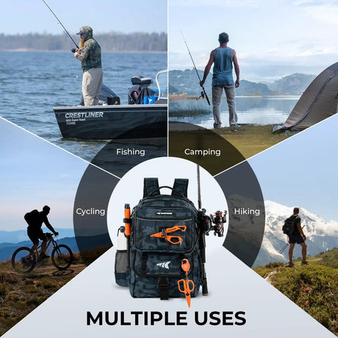 BaitSpace 50L Fishing Tackle Backpack With Removable Bait Binder And Four Tackle Boxes, Two Rod Holders, Interchangeable Storage System, Blue Camo