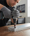 Person using Premium Countersink Drill Bit Set With 82 Degree, Five Flutes, Quick Change Hex Shank for metal project