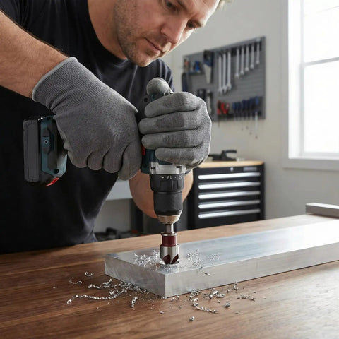 Person using Premium Countersink Drill Bit Set With 82 Degree, Five Flutes, Quick Change Hex Shank for metal project
