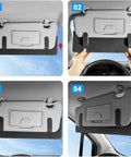 Custom Cut Sun Visor Extender Shield For Tesla Cybertruck 2024 To 2026, showcasing installation from various angles, black suede material.