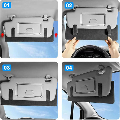 Custom Cut Sun Visor Extender Shield For Tesla Cybertruck 2024 To 2026, showcasing installation from various angles, black suede material.