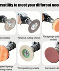 Complete Drill To Angle Grinder Conversion Kit showing saw blades, abrasive cutting wheels, and polishing discs for DIY use.