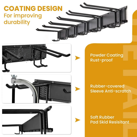 48 Inch Heavy Duty Wall Mounted Tool Organizer Rack showing three rails and six hooks with coating details for garage storage