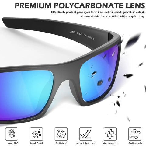 Close-up of ANSI Z87.1 compliant six pack tinted safety glasses with scratch-resistant polycarbonate lenses, for industrial and daily use.