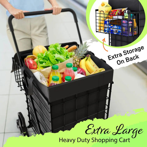 Stair Climbing Shopping Cart with Waterproof Basket Liner and 360 Degree Swivel Wheels, loaded with groceries, Extra Storage shown.