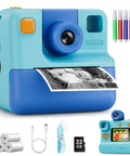 Kids Instant Print Camera For Totally Fun Photos Gift For Boys And Girls Ages 3 To 12 FHD Selfie Video Camera blue with 3 paper rolls and 32GB card