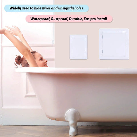 Two 12 By 12 Inch Plumbing Access Panels for drywall, ceiling mounted, shown in bathroom, hinged doors, reinforced plastic.