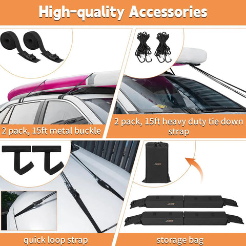 Soft Roof Rack Pads For Kayak, SUP, Surfboard, And Canoe With 2 Tie Down Straps, 4 Quick Loop Straps, storage bag, installed on car