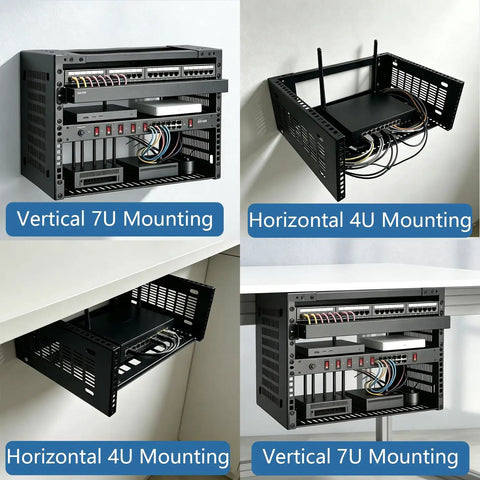 Heavy Duty Wall Mount Network Rack With 19 Inch Width And 14 Inch Depth, Rock Solid Cold Rolled Steel Server Vault in vertical and horizontal mounting.