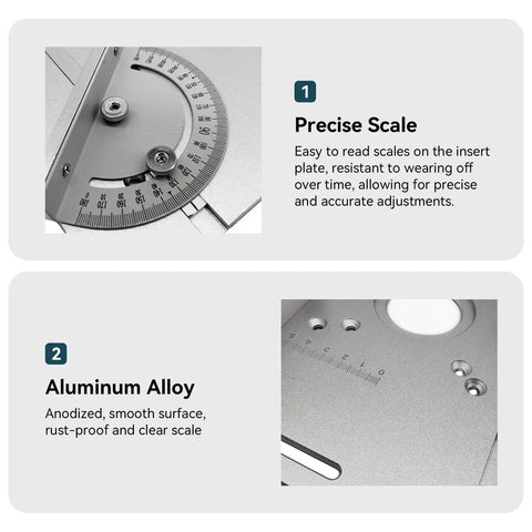 Close-up of 2 in 1 Router Table Insert Plate for Woodworking Bench Top, Flip Board Design with precise scale and aluminum alloy, 240 x 200 mm.