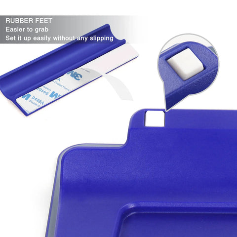 Close-up of navy blue glass desktop whiteboard mini 8x6 inch with pen holder, showing rubber feet for stability and grip.