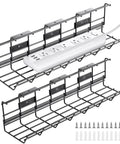 2 Pack Under Desk Cable Management Tray Set with screws, heavy duty metal cord organizer for desk, easy install with pre-drilled holes