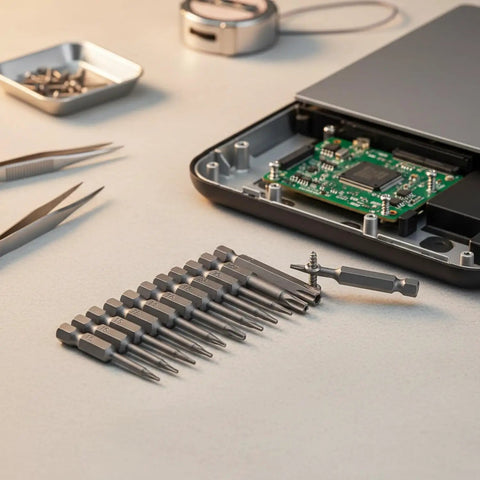 Awesome Hollow Torx Screwdriver Bit Set Made From Tough Alloy Steel With Center Pin Hole. 11-piece kit beside open electronics repair case