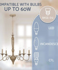 Montreal 29 Inch Six Light French Country Chandelier with bulb compatibility guide, featuring smoked birch finish.