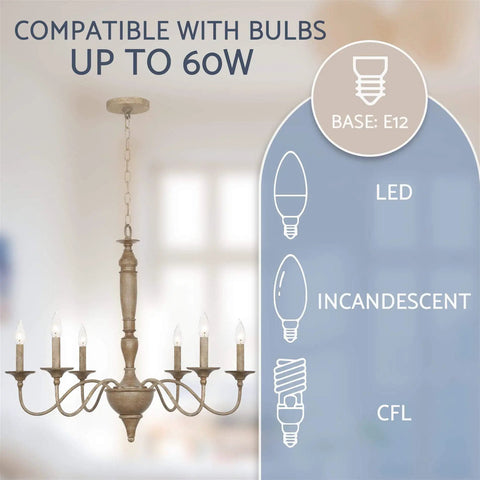 Montreal 29 Inch Six Light French Country Chandelier with bulb compatibility guide, featuring smoked birch finish.