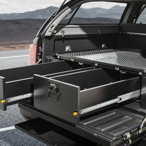 Truck bed with extended drawers using Beefy 60 Inch Heavy Duty Drawer Slides With Locking Full Extension Side Mount Ball Bearing Rails 500 Lb Capacity Galvanized Finish For Rust Resistance Perfect For Cabinets Shelves And Industrial Use 1 Pair