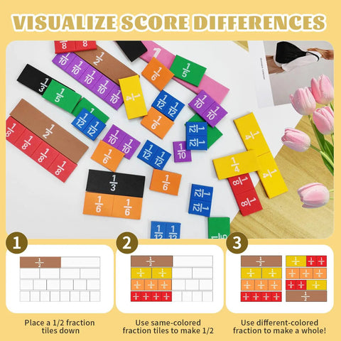 Colorful Rainbow Fraction Tiles Set For Kids And Classrooms on table, Durable EVA Foam Montessori Math Manipulatives, 6-Set Bundle