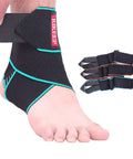 Person wearing a blue ankle brace for sprained ankles and sports, adjustable compression support for men and women, breathable nylon spandex wrap with non-slip silicone interior.
