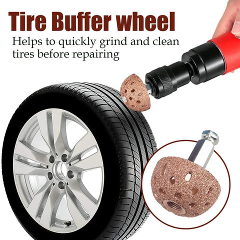 Tire Repair Patch Kit With 24 Patch Plugs, Patch Roller, Buffing Wheel, 4 Mm Twist Drill Bits And Hex Shank Bits For Vehicle, Cars And Trucks, Ultimate DIY Car Emergency Fix - Buffing wheel on tire.