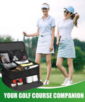 Two golfers with a Golf Trunk Organizer With Two Layer Storage and separate compartment for shoes on the grass, ideal for golf gear