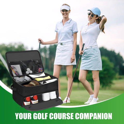 Two golfers with a Golf Trunk Organizer With Two Layer Storage and separate compartment for shoes on the grass, ideal for golf gear