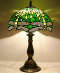Green Tiffany Style Stained Glass Dragonfly Bedside Table Lamp For Reading And Cozy Vibes Decor, 12x12x18 Inches Desk Light