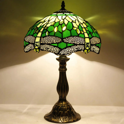Green Tiffany Style Stained Glass Dragonfly Bedside Table Lamp For Reading And Cozy Vibes Decor, 12x12x18 Inches Desk Light