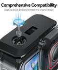 Close-up of Insta360 Ace Pro Waterproof Dive Case with bracket screw attachment, 45m 148ft deep underwater housing for action cameras.