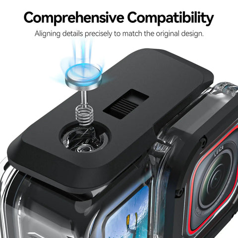 Close-up of Insta360 Ace Pro Waterproof Dive Case with bracket screw attachment, 45m 148ft deep underwater housing for action cameras.