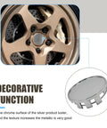 Close-up of Top Shelf Silver Wheel Center Caps 4 Pack Durable Abs Steel Hubcovers For Cars And Suvs on a stylish alloy wheel.