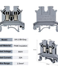 Thirty Piece Terminal Blocks Kit For DIY And Industrial Projects, 32A 690V Screw Terminal Blocks, high temp nylon, model UK-2.5B-Gray