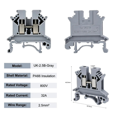 Thirty Piece Terminal Blocks Kit For DIY And Industrial Projects, 32A 690V Screw Terminal Blocks, high temp nylon, model UK-2.5B-Gray