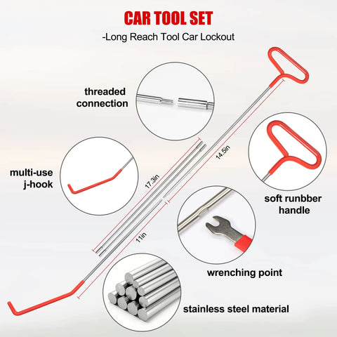 26 Piece Car Tool Kit With Long Reach J Hook Magnetic Pickup Tool Light And Air Wedge featuring long reach tool and stainless steel material