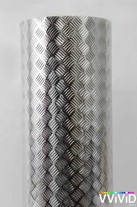 Diamond Plate Vinyl Wrap Roll With Anti Slip Traction Pattern Metallic Chrome Finish Self Adhesive Silver Sheet 17.8in x 50ft