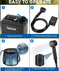 Portable Camping Shower Pump With 3 Speed Settings, showing setup and operation steps with showerhead and IPX8 waterproof pump.