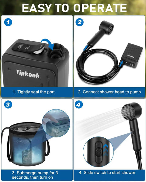 Portable Camping Shower Pump With 3 Speed Settings, showing setup and operation steps with showerhead and IPX8 waterproof pump.
