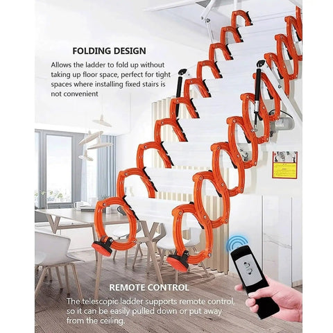 Folding design of Rock Solid Telescoping Electric Attic Ladder With Retractable Pull Down Stairs showing remote control functionality.