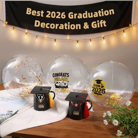 Class Of 2026 Graduation Beach Balls Set 11 Inch Inflatable Party Balls With Glitter Gold And Black Markers on display table