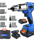 Fichfoye Cordless Rivet Nut Gun With Brushless Motor Provides 5000 Lbf Of Force For Fast Automated Riveting and accessories in a organized case.